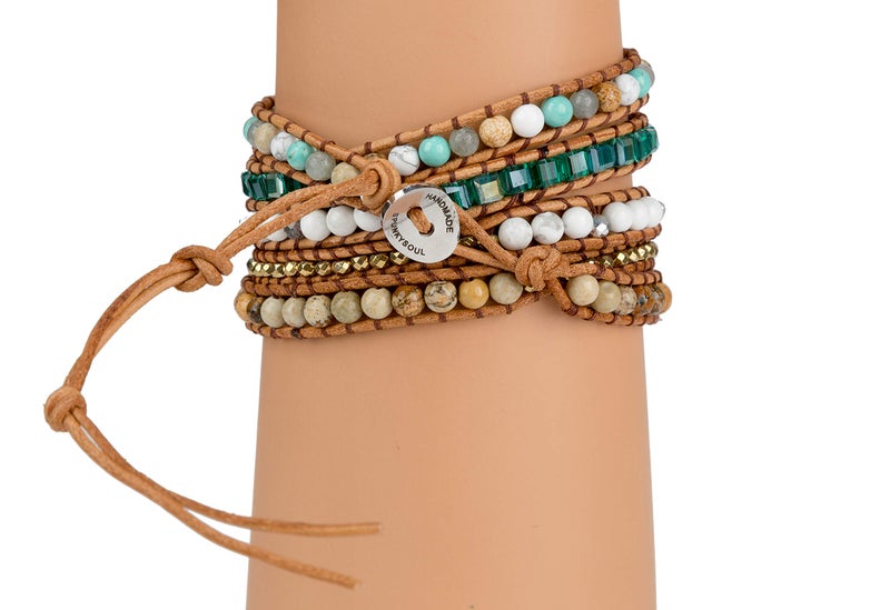 SPUNKYsoul Ocean Jasper 5 Wrap Handmade Leather Bead Crystal Wrap Bracelet Collection (5 Wrap Ocean Jasper) - Image 3